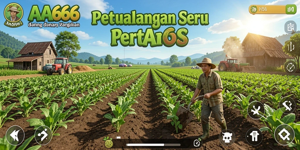 Tampilan gameplay AA666 menampilkan ladang yang subur dan interaksi dengan hewan ternak.