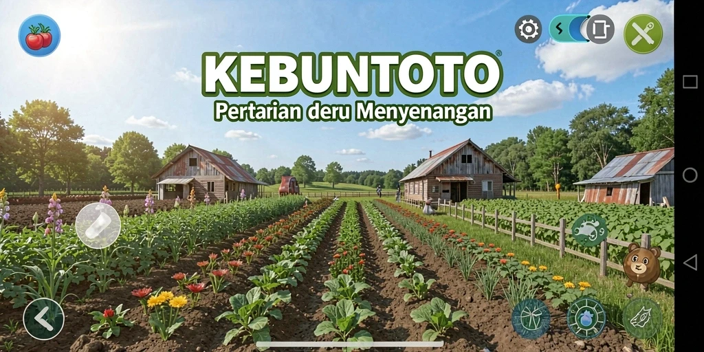 Tampilan gameplay KEBUNTOTO menampilkan kebun yang subur dan hewan yang ceria.