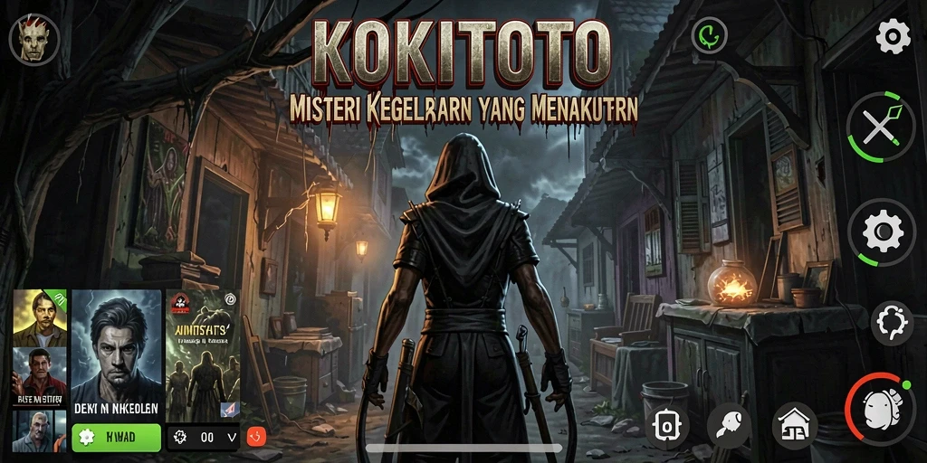 Screenshot utama KOKITOTO menampilkan suasana horor yang menegangkan.